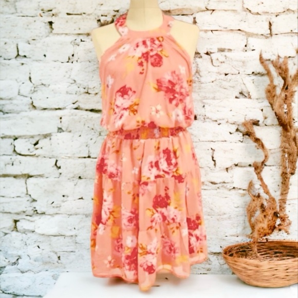 Emerald Sundae Junior's Coral Tied Smock Floral Halter Dress Orange Size X-Small - Picture 5 of 12